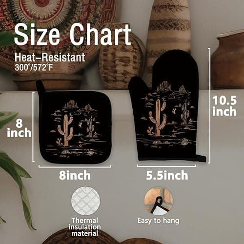 Qeheb Western Desert Black Oven Mitts and Pot Holders Set, Cactus Kitchen Decor, Southwest Western Over Mittens for Kitchen thumbnail 3