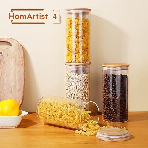 HomArtist Glass Jars with Bamboo Lids 53 FL OZ [Set of 4], Glass Canisters with Airtight Lids, Glass Food Storage Containers for Pasta, Oats, Coffee, Flour, Sugar, Rice, Best for Kitchen & Pantry thumbnail 2