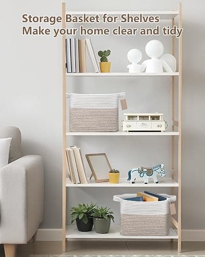 JOJOSEE Woven Storage Basket, Cotton Rope Basket for Shelves Toys Organizer, Square Storage Baskets for Books, Shoes, Decorative Gift Baskets for Home Bathroom Organizer 33x25x22.5cm (White&Brown) thumbnail 5