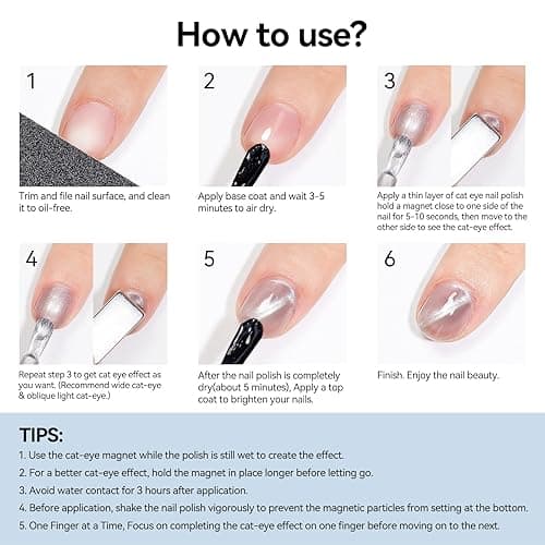 MIZHSE Quick Dry Cat Eye Nail Polish, Sliver Magnetic Nail Polish with Magnet, Air Drying Fast Nail Lacquer 15ml Cateye Effect for Women Girl Non-Gel Nail Art Manicure DIY Home thumbnail 8