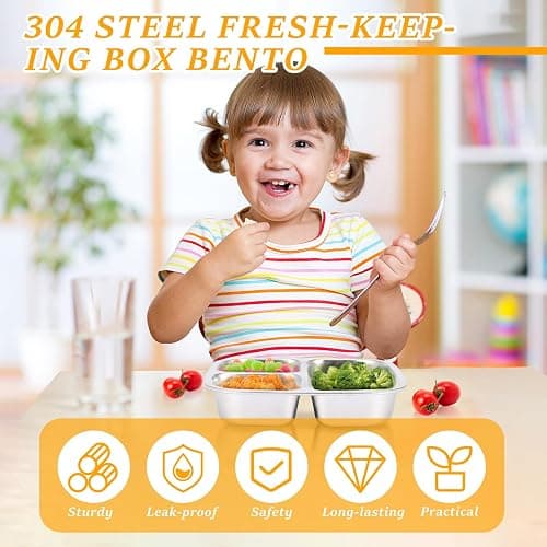 3 Stück Snackbox,Edelstahl Snack-Behälter mit 3 Fächern und Kunststoff-Deckel,17,5×17,5×5 cm,Stapelbar Lebensmittel Lagerung Brotzeit Behälter,Tragbare Snack-Platten für Schule,Arbeit und Reise thumbnail 6