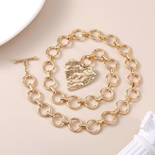 Mikovivi Chunky Gold Pendant Necklaces for Women, Large Statement Hammered Heart Pendant Necklace Vintage Chunky Gold Chain Necklace for Women Trendy Jewelry Gift thumbnail 3