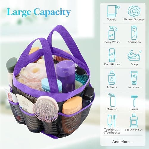 Lifewit Mesh Shower Caddy Freestanding Portable Shower Tote Bag for College Dorm, Bathroom, Gym, Travel, Quick Dry Hanging Organizer with 7 Storage Pockets for Toiletry Essentials,Purple thumbnail 5