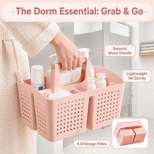 PAKCHOICE Portable Shower Caddy Basket with Wood Handle, 3-Compartment Bathroom Organizer Tote with Drain Holes, Plastic Shower Basket for Dorm, Toiletries, Cleaning Supplies, Pink thumbnail 4