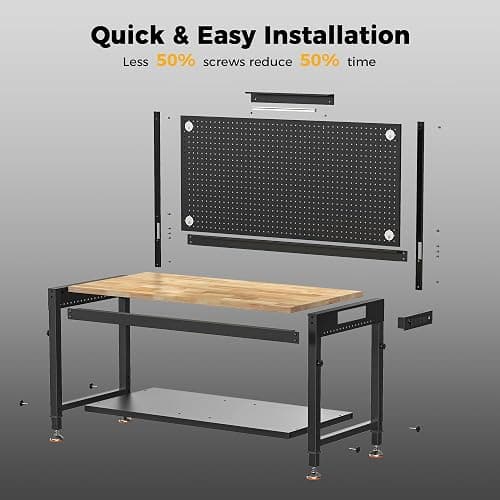 CAMMOO 48" Heavy Duty Work Bench Adjustable Height Max Load 2000 LBS with Storage Shelf for Garage Workbench, Rubberwood Tabletop with Pegboard, LED Light, Built-in Power Strip for Woodworking Shop thumbnail 3