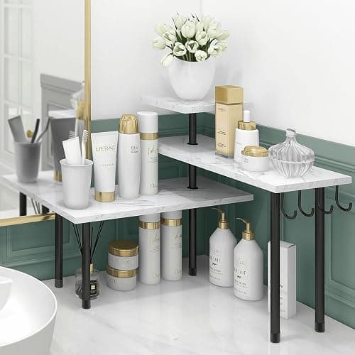 Homode Bathroom Counter Corner Shelf, 3 Tier Kitchen Countertop Organizer for Over The Sink, Make Up, Dresser Table, White Marble thumbnail 3