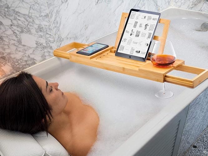 Utoplike Bathtub Caddy Tray, Bamboo Bath tub Tray with Adjustable Arms, Bath Table Holds Books/Tablets/Cell Phone/Towels/Foods (Natural Bamboo) thumbnail 2