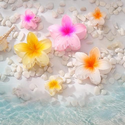 6 Pcs Hawaiian Flower Hair Clips for Women Girls, Plumeria Claw Clips for Thick/Thin Hair, Strong Hold Summer Beach Cute Hair Accessories Tropical Decorative, Large & Small thumbnail 6