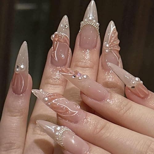 24Pcs Almond Press on Nails Medium Length 3D Fake Nails with Cute Mermaid Pearl Designs Charms Handmade Nail French Tip False Nails Press ons Summer Theme Stick on Nails for Women Manicure Decor - Image 1