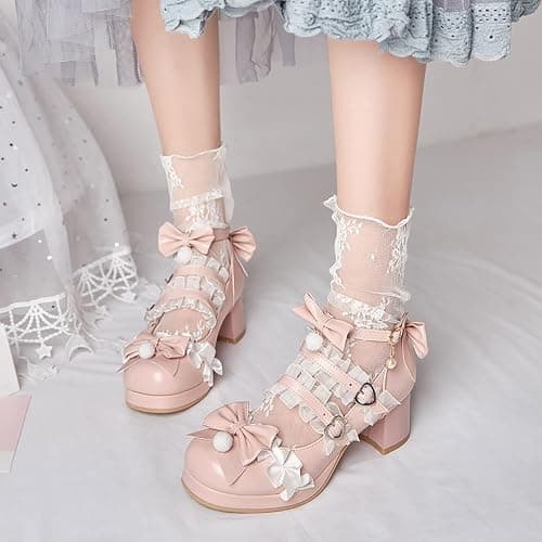 Girls Kawaii Mary Jane Dress Shoes Kids Bow Pearl Lace Chunky Heel Pumps Princess Cute Sweet Ankle Strap Single Shoes thumbnail 3