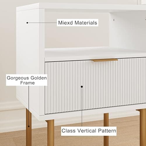 Masupu Nightstand,Mid-Century Modern Bedside Table with Storage Drawer and Open Wood Shelf,Small Gold Frame Side Table for Bedroom,Living Room,White thumbnail 9