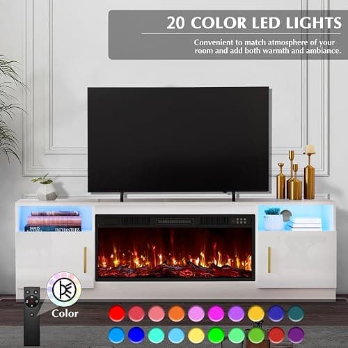 LEMBERI 70" Fireplace TV Stand for TVs up to 80", 36" Electric Fireplace 750W/1500W Entertainment Center with 20-Color LED, 300lbs Max Capacity High Gloss Storage Cabinet Console, White thumbnail 6