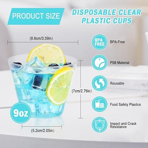 BYSNOW 100 Pack 9 oz Clear Plastic Cups, Plastic Wine Cups for Cocktail Party, Polystyrene Hard Cup with Higher Heat Resistance(9oz 100count) thumbnail 4