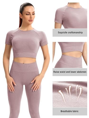 2 Piece Short Sleeve Outfits for Women Seamless Crop Tops Set for Women Workout Set thumbnail 2
