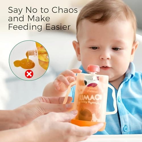 Momcozy Squeeze Pouch Holder for Food Pouches and Drink Boxes, Baby Pouch Holder Allows Baby to Self-feed and Avoid Messes, Baby Food Pouch Holder Handle is Easy to Grip, Comfortable, Green&Orange thumbnail 4