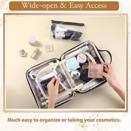 ZQQZAN Travel Makeup Bag - Large Capacity Cosmetic Bag with Makeup Brush Bag, Leather Makeup Travel Case Open Flat Makeup Case, Cute Makeup Organizer Bag for Women Girls, Black thumbnail 6