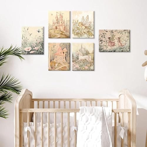 Vintage Fairy Nursery Wall Art Baby Girl Room Canvas Wall Decor Magic Forest Poster Fantasy Fairytale Prints Nursery Antique Magical Picture Flower Painting for Bedroom 8x10 Inch Ready to Hang 6Pcs thumbnail 4