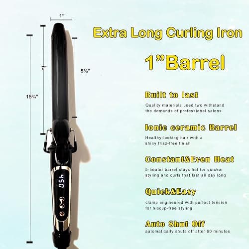 abp 1 Inch Curling Iron Extra Long Barrel with Ceramic Coating for Long/Medium Hair,LED Display Instant Heat up to 450°F with clamp,Hair Waving Style Tool Girls & Women thumbnail 3