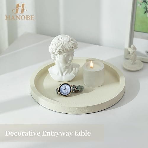 Hanobe Decorative Tray for Coffee Table: Round Ottoman Tray for Living Room 12" Modern Dining Table Organizer Decor Dresser Display Entryway Countertop Cream White thumbnail 5