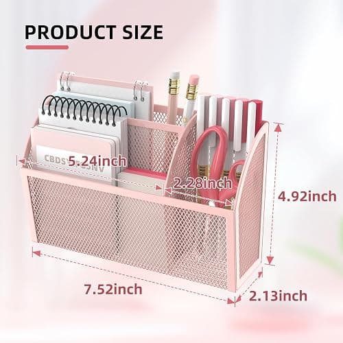 DALTACK Magnetic Pencil Holder - 3-Grid Mesh Pen Holder for Whiteboard, Refrigerator, Locker & Office - Pink thumbnail 2