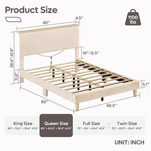 Bestier Queen Bed Frame with Adjustable Headboard & LED Lighting, Corduroy Upholstered Platform Bed Frame with Storage Shelf, Solid Wood Slats, No Box Spring Needed, Never Squeak, Easy Assembly, Beige thumbnail 2