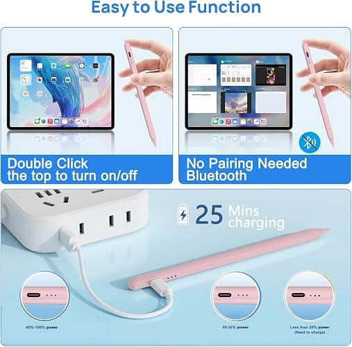 Stylus Pen for Apple iPad A16/11th 2026-2018 iPad Pencil A16/11/10/9/8/7/6,Air 11"/13"M4/M3/M2/5th-3rd,Pro 13"/12.9"/11"/M5/M4,Mini A17 Pro/6/5 Stylus Palm Rejection Tilt Sensitivity Fast Charge-Pink thumbnail 5