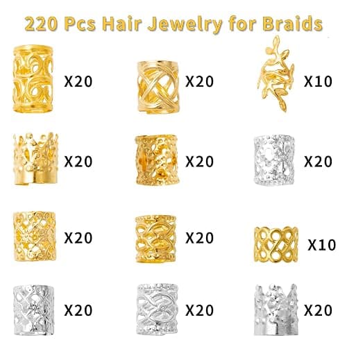 MODASER 220 Pcs Gold Hair Jewelry for Braids, 12 Styles Gold and Silver Hair Accessories Cuff for Braids and Dreadlocks, Adjustable Metal Rings Cuffs Clips for Dreadlock Accessory Jewelry Decorations thumbnail 3