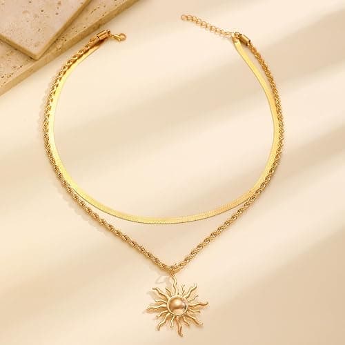 Yepelesi Sun Necklace for Women 14K Gold Silver Plated Layered Charm Necklace Double Chain Charm Pendant Necklaces Trendy Daily Wear Statement Jewelry Gift thumbnail 4