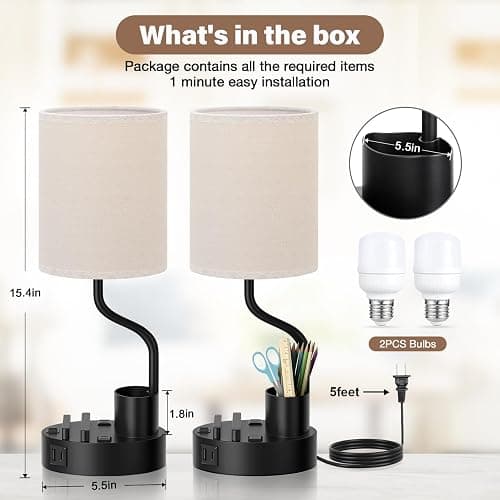 Fenmzee Bedside Lamps for Bedroom Set of 2 - Table Desk Lamp for Nightstand | 15" Table Lamp for Living Room with Pen Holder & Phone Stand, USB A+C Port, AC Outlet, 3 Color Temperature, LED Bulb Included thumbnail 6