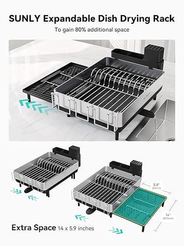 SUNLY Large Dish Drying Rack, Expandable Dish Racks for Kitchen Counter, Space Saving 304 Stainless Steel Drying Rack Kitchen, Extra Large Drainer with Multifunctional Flip Up Pegs, Black thumbnail 4