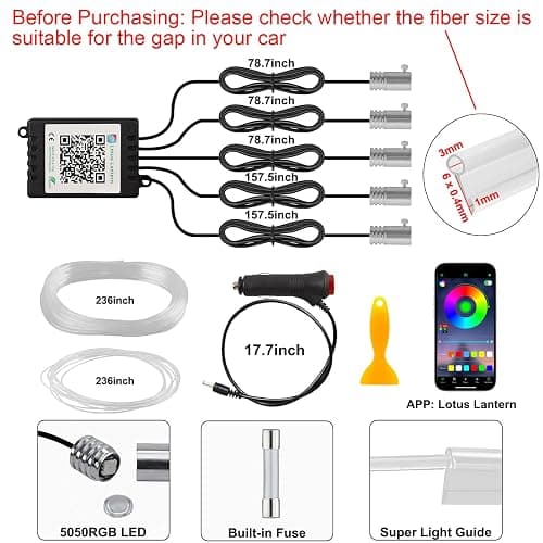 Interior Car LED Strip Lights APP Control, 5 in 1 RGB 16 Million Colors Ambient Lighting Kit with 236 inches Fiber Optic, Music Mode Inside Car Lighting Decorations thumbnail 4