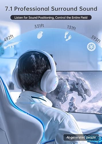 syndesmos CM7002 Gaming Headset for PC, PS5, Xbox Series X|S, Switch, | Over-Ear Headphones with 7.1 Surround Sound, 50MM Drivers & Noise Canceling Mic, RGB Comfort Headset for Gaming, Light White thumbnail 2