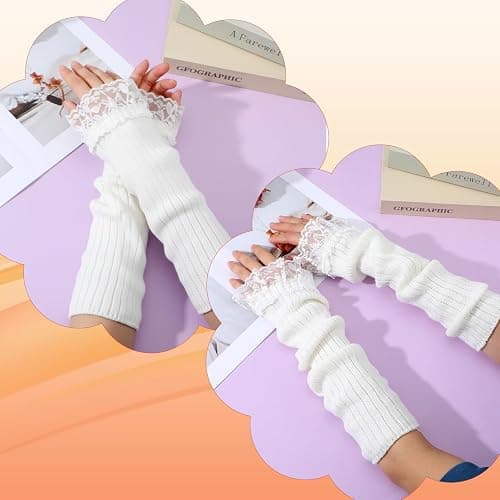FdcLixuvol White Arm Warmers for Long Sleeve Fingerless Y2K Arm Warmers Knitted Lace Arms Sleeves Cool Girls Arms Covers White Long Goth Fingerless Sleeve for Women thumbnail 4