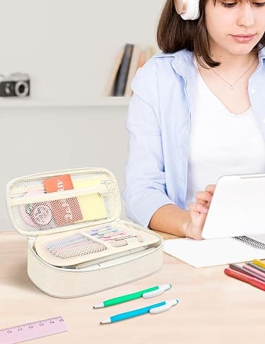 SUNEE Cute Pencil Case, Aesthetic Pen Pouch, Colored Large Pencil Bag with Zipper, Kawaii Stationery Storage and Organizer, School Supplies for Teen and Adult Girls, Beige thumbnail 8