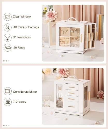 Homde Christmas Gifts Jewelry Box 360° Rotating, Necklace Earring Organizer with Transparent Window, Mirror, 7 Drawers, Large Ring Display Storage Case for Girls Women (White) thumbnail 5