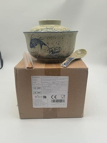 Ceraozmus Ceramic Ramen Bowl Set, 800ml, with Lid, Spoon and Chopsticks, Japanese Vintage Large Soup Bowls Instant Noodle Bowl Asian Tableware (Fish*1) thumbnail 9