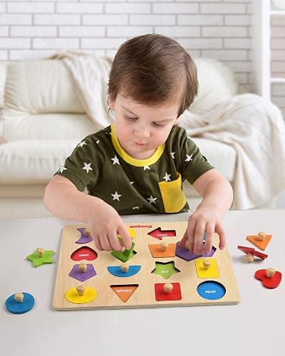 Coogam Montessori Toy Wooden Shape Peg Puzzle, Fine Motor Color Matching Sorting Board, Early Learning Educational Activity Toy Gift for Preschool Toddler Baby 3 4 5 Year Old thumbnail 2