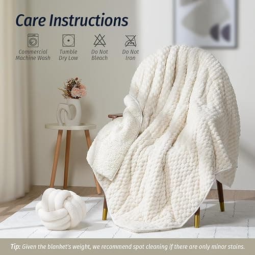 Wemore Fleece Weighted Blanket for Adults (60" x 80" 15lbs, Cream White), Dual Sided Cozy Soft Sherpa Heavy Blanket with 3D Imitation Turtle Shell Warm Jacquard Flannel for Couch and Bed thumbnail 6