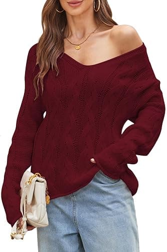 Cakulo Womens Oversized V Neck Off The Shoulder Sweaters Cable Knit Pullover Fall Sweater 2025 - Image 1
