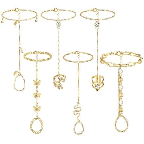 Fumete 6 Pcs Finger Ring Bracelet, Hand Chain Jewelry | Slave Bracelet Woman, Rhinestone Hand Harness Chain, Rose Gold Silver Hand Jewelry, Daily Wear Parties Events Accessory - Image 1