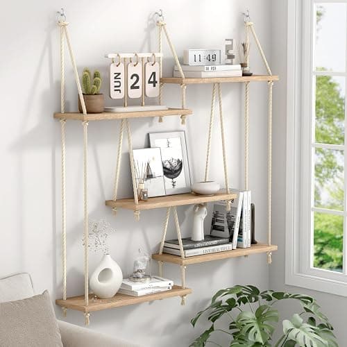 Hanging Shelf with Vine Lights 5 Tier Boho Plant Wall Shelf Floating Shelves Rope Rustic Wood Organizer Storage Hanger Rack for Wall Decor in Aesthetic Home Bedroom Kitchen (Five-tier rope rack) thumbnail 8