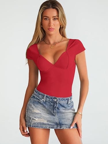 Trendy Queen Womens Summer V-Neck Backless Cute Tops Short Sleeve Sexy Slim Fit T-Shirts Y2K Clothes Corset Cami 2025 thumbnail 2