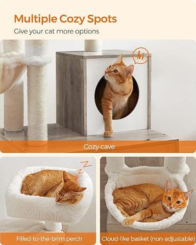 Feandrea Cat Tree with Litter Box Enclosure, 2-in-1 Modern Cat Tower, 55.1-Inch Cat Condo with Scratching Posts, Removable Pompom Sticks, Greige UPCT113G01 thumbnail 8