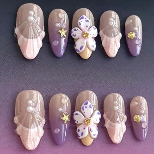 30pcs French Tip Press on Nails Medium Almond False Nails Summer Beach Style Seashell Starfish Flower Pattern 3D Handmade French Almond Shape Fake Nail Rhinestones Nails for Women Daily Wear - Image 1