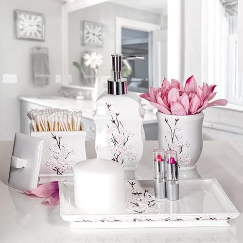 Creative Scents Vanda Bathroom Set - Cherry Blossom White Bathroom Accessories Set - 4 Piece Floral Bathroom Soap Dispenser Set Includes: Lotion Dispenser, Toothbrush Holder, Tumbler & Soap Dish thumbnail 6