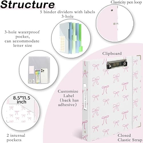 Etzul 3 Ring Binder 1 inch with Clipboard - White & Pink Bow Design, Includes Dividers, File Bag & Spine Label - Classic and Elegant for School or Work, Holographic Waterproof Film thumbnail 3
