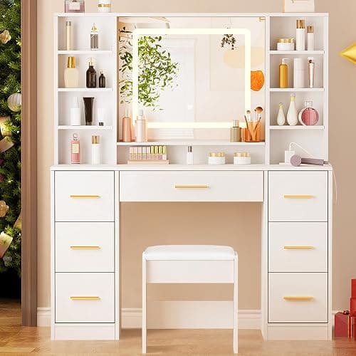 ANWBROAD Vanity Desk Table with Lighted Mirror 39.4“ Girls Makeup Vanity with Power Outlet 3 Colors Lighting Adjustable Brightness Vanity Table for Women Bedroom Dressing Room White UBDT65W thumbnail 6
