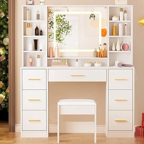 ANWBROAD Vanity Desk Table with Lighted Mirror 39.4“ Girls Makeup Vanity with Power Outlet 3 Colors Lighting Adjustable Brightness Vanity Table for Women Bedroom Dressing Room White UBDT65W thumbnail 7