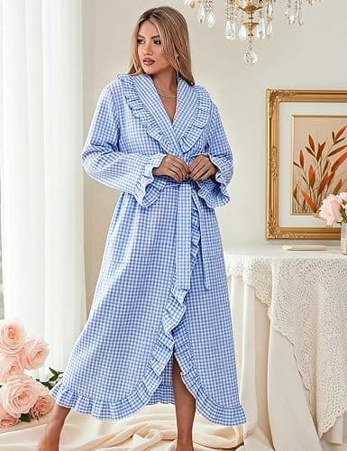 Gihuo Cotton Robes for Women Gingham Long Sleeve Ruffle Trim Bathrobe | Womens Robes Lightweight,Summer Robe,Plaid Bathrobe,Loungewear Sleepwear, Checkered Ruffle Housecoat thumbnail 4