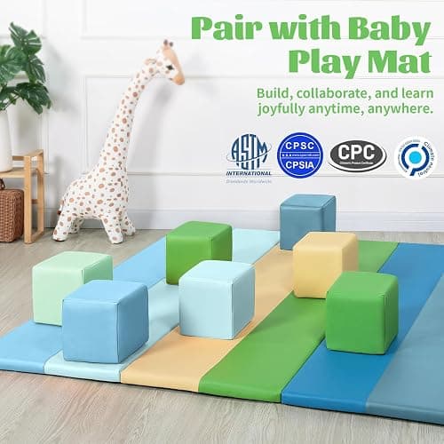 Todiby Foam Building Blocks for Toddlers：12-Pieces Wipeable Leather Stacking Cubes Kids - Large Soft Toys Play Set for Learning Construction Baby Preschool Daycare Therapy Birthday Gift (Yellow Green) thumbnail 7